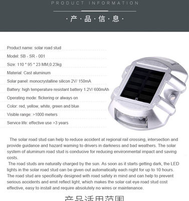 Aluminium PC Solar Road Stud met rode LED-reflector en zonneoplaadcapaciteit